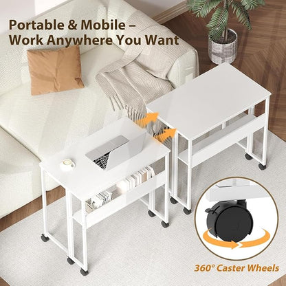 Folding Desk Small Rolling Desk with Storage Shelf,24.8 Inch Foldable Computer Table with Wheels,Portable Office Desk for Small Space Sofa Table,Easy to Fold,Writing Work Office Computer Desk,White