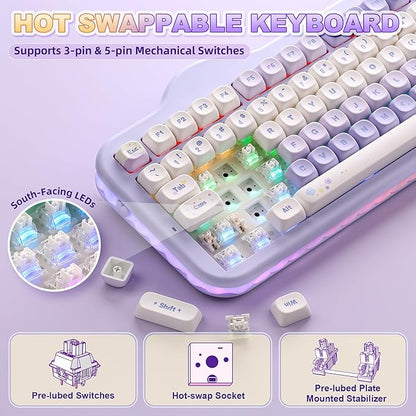 YUNZII C98 Cute Cake Wireless Mechanical Keyboard(Purple, Milk Switch) | 99 Keys with Number Pad, Hot Swap, PBT MOA Keycaps, BT5.0/2.4G/USB-C, Gasket Mount, Custom RGB Backlit for Win/Mac
