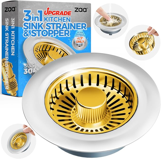 zaa 3 in 1 Kitchen Sink Drain Strainer Stopper Removable Basket Pop-Up | Kitchen Sink Accessories 1 Pack Gold Stainless - Food Catcher, Odor-Blocking Seal, Fits 3.5" Drain