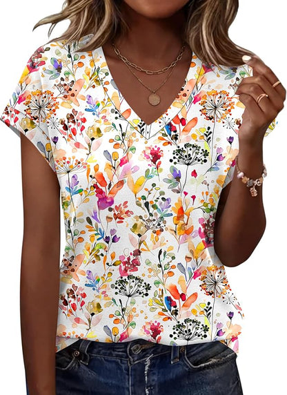 Rapbin Womens Summer Tops Women Blouses Dressy Casual V Neck T Shirts Short Sleeve Spring Tops for Women