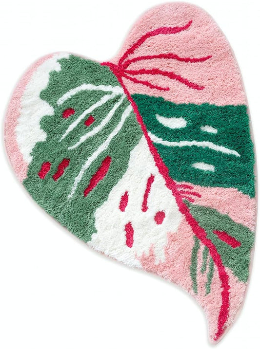 Pink Princess Non Slip Bath Mat or Kitchen Tufted Rug, Plant Leaf Shaped Kids Pets Floor Mat Carpet, Green, 32" x 24"