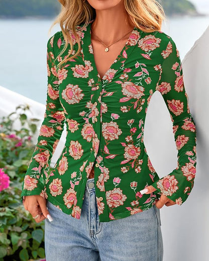 BTFBM Button Down Shirts for Women 2026 Fall Boho Tops V Neck Long Sleeve Blouses Ruched Mesh Fitted Fashion Clothing