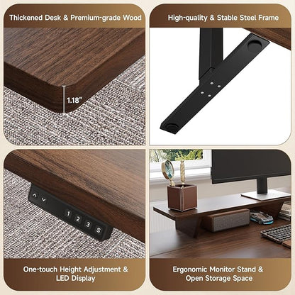 ONBRILL Home Office Furniture Sets, 63'' Standing Desk with 55'' File Cabinet, Electric Height Adjustable Standing Desk with 71'' Tall Modern Bookshelf, Home Office Furniture Set, Walnut