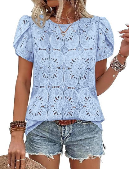 OFEEFAN Blouses for Women Dressy Casual Petal Short Sleeve Shirts Crochet Lace Boho Tops Spring Fashion Summer Outfits