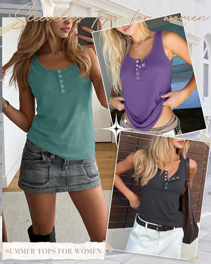 Ficerd 3 Pack Women's Henley Tank Tops Sleeveless Button Down Summer Shirts 2026 Casual Trendy Loose U Neck Tee Blouses