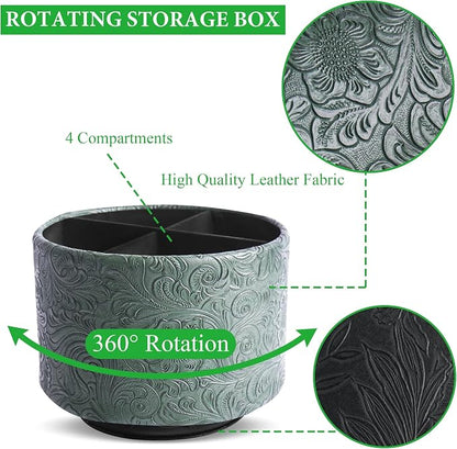 lizimandu Round Leather Art Supply Organizer,Remote Control Holder,360 Degree Spinning,Multi-Functional Pencil Holder,4 Compartments Desktop Stationary Organizer(1-Carved Cooper Green)