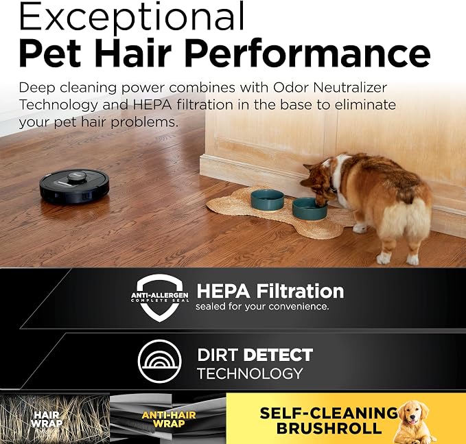 Shark PowerDetect Self-Empty Robot Vacuum with NeverStuck Technology, Auto Deep-Clean Carpets & Hardfloors, 30 Day Capacity HEPA Bagless Base, for Pet Hair, WiFi Black, AV2820S