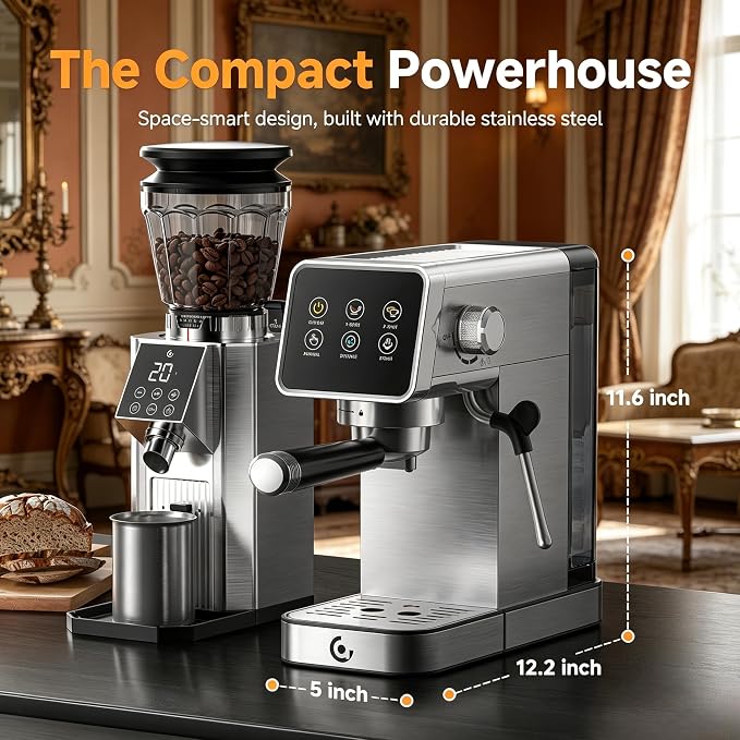 AMZCHEF 20 Bar Home Espresso Coffee Machine | LED Touchscreen, Built-in Milk Frother, Self-Cleaning Function, Makes Latte & Cappuccino, Ideal Coffee Starter Machine