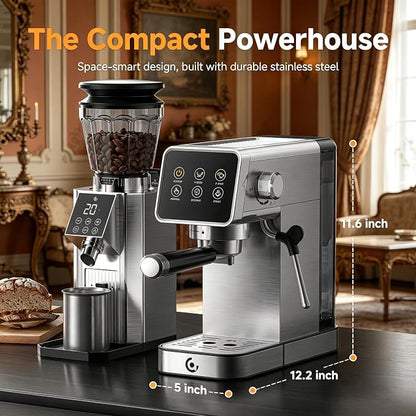 AMZCHEF 20 Bar Home Espresso Coffee Machine | LED Touchscreen, Built-in Milk Frother, Self-Cleaning Function, Makes Latte & Cappuccino, Ideal Coffee Starter Machine