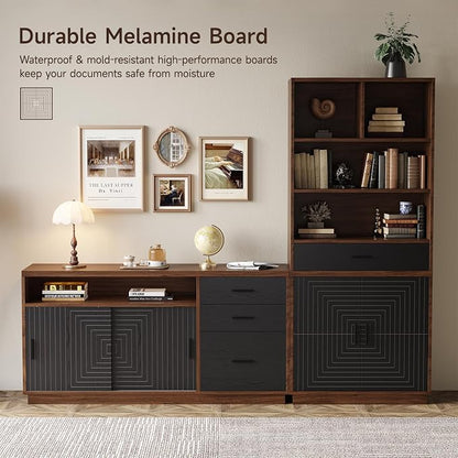 ONBRILL Home Office Furniture Sets, 63'' Standing Desk with 55'' File Cabinet, Electric Height Adjustable Standing Desk with 71'' Tall Modern Bookshelf, Home Office Furniture Set, Walnut