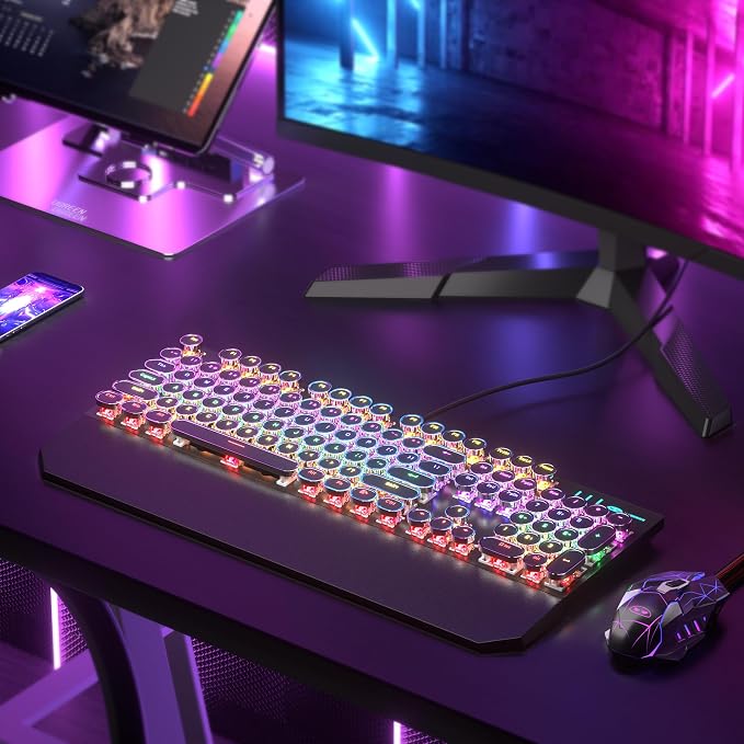 Retro Typewriter Keyboard and Mouse Combo, Cute Black Keyboard with Linear Red Switches, Full Size Wired Mechanical Gaming Keyboard, Cool Light Up Keyboard and Mouse for Gaming,Work,Mac,PC,Windows