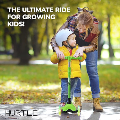 Hurtle Mini Kickboard 3 Wheel Scooter for Kids Ages 2-5 - Lean-to-Steer Toddler Scooter with Light-up LED Wheels, Adjustable Height & Rear Foot Brake for Boys. & Girls, Anti-Slip, Indoor/Outdoor