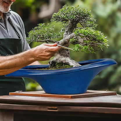 Bonsai Tree Pot 18 Inch - Ceramic Succulent Pots Large Bonsai Planter for Indoor Outdoor Plants Decorative Plant Pot with Drainage Hole Flower Pot for Home Garden Room Decor Blue