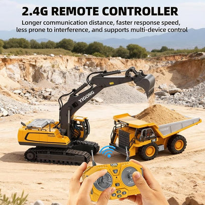 9-Channel RC Dump Truck Toy, 2.4GHz Remote Control Truck with Metal Bed, Light & Sound, 2 Rechargeable Batteries, Construction Vehicle for Kids Boys Girls Ages 3-12
