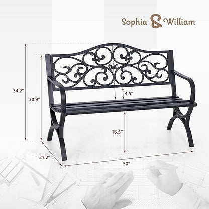 Sophia & William 50" Outdoor Garden Bench Patio Park Bench, Cast Iron Metal Frame Furniture with Floral Design Backrest for Porch Yard Lawn Deck, Black