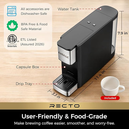 CHULUX RectoCafé Espresso Machine for Nespresso Original Pod, Metal & Black | Extra Mini Design, 20 Bar Professional Italian Pump, Food-Grade Materials, Quiet with Low-Vibration Brewing for Home & Office