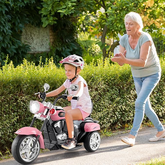 Costzon Kids Motorcycle, 6V Battery Powered Ride on Chopper Motorcycle w/Horn, Headlight, 3-Wheel Stable Ride on Toys, Electric Toddler Motorcycle for Kids, Gift for Boys Girls (Laser Pink)
