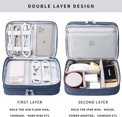 Lanola Travel Cable Organizer Bag, Electronic Accessories Case Portable Double Layer Cable Storage Bag for Cord, Charger, Flash Drive, Phone, SD Card,Personal Items - (Dark Blue)