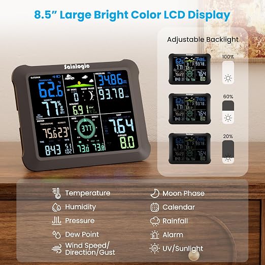 Sainlogic 14-in-1 WiFi Smart Weather Station with 24H/ 7Days Accurate Weather Forecast by Weatherseed® AI, 8.5" Large Display,UV,Sun Light,Rain Gauge,Wind Gauge,2-Year Data Storage & Export(Only 2.4G)