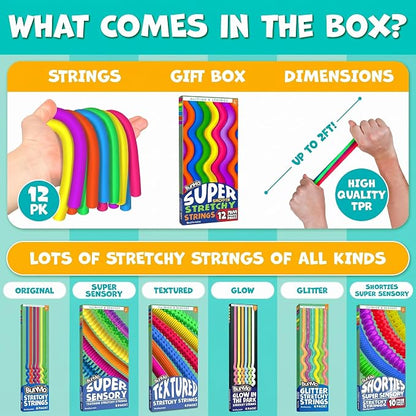 BUNMO Sensory Toys Stretchy Strings for Toddlers 3+ - Stimulating & Addictive Fidget Toys for Kids - Hours of Fun for Kids - Non-Mouthable Toy 3+ - Mini Smooth 12 Pack