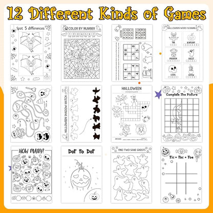 24Pcs Halloween Coloring Book Mini Game Color-in Pages Activity Book Set with Maze Crossword Puzzle Games Theme Party Favors Holiday Event Gift School Classroom Recreation Supplies for Kids
