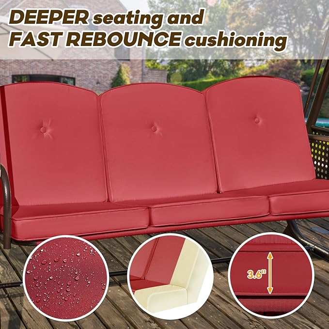 3 in 1 Outdoor Porch Swing with Adjustable Canopy, 3 Seat Outdoor Swing for Adults, Patio Swing Chair with Thickened Cushions,Pillows & Cup Holders for Backyard, Porch, Garden (Wine Red)
