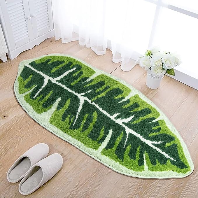 Leaf Kids Rug Green Bathroom Runner Rug Small Cute Bath Mat Nursery Boho Area Rug Non Slip Long Carpet for Bedroom Children Room Kitchen Monstera Plant Home Decor 20x47 inch
