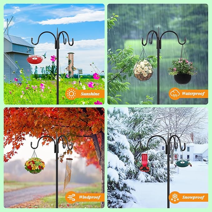 FEED GARDEN [Upgrade Version 76 Inch Three Shepherd Hooks for Outdoor,Bird Feeder Pole with 5 Prong Base, Adjustable Shepard Hooks for Hanging Plant, Solar Lanterns, Wind Chimes, 2 Pack