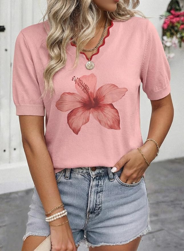 Dokotoo Womens Summer Short Sleeve Knit Tops 2026 Spring Trendy Casual V Neck Striped Sweater Blouses