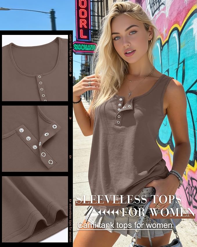 Ficerd 3 Pack Women's Henley Tank Tops Sleeveless Button Down Summer Shirts 2026 Casual Trendy Loose U Neck Tee Blouses