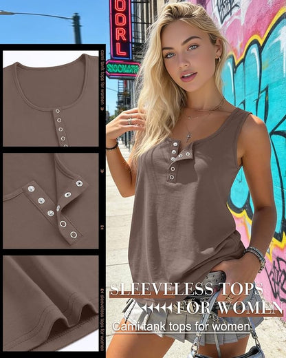 Ficerd 3 Pack Women's Henley Tank Tops Sleeveless Button Down Summer Shirts 2026 Casual Trendy Loose U Neck Tee Blouses