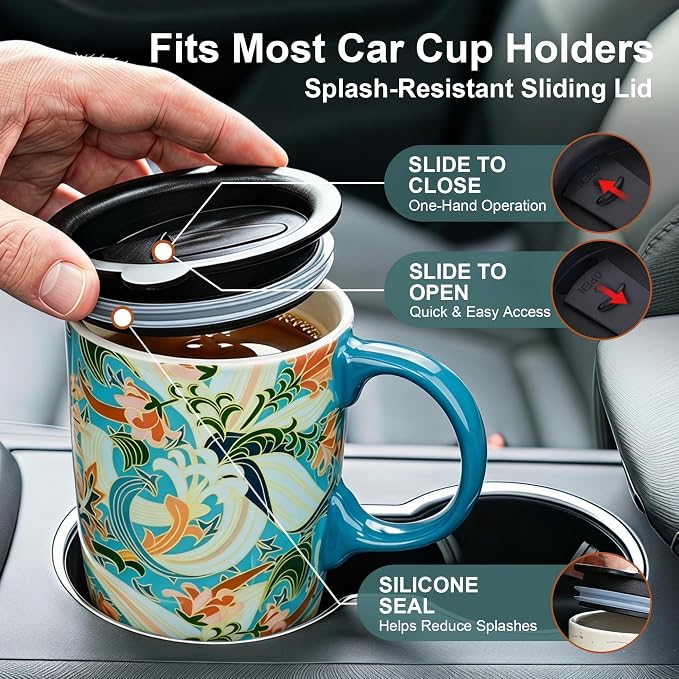 Topadorn 17oz Ceramic Travel Mug with Lid, Art Nouveau Floral Coffee Mug | Vintage Blue Botanical Latte Cup, Microwave & Dishwasher Safe Gift Mug for Home Office Commute