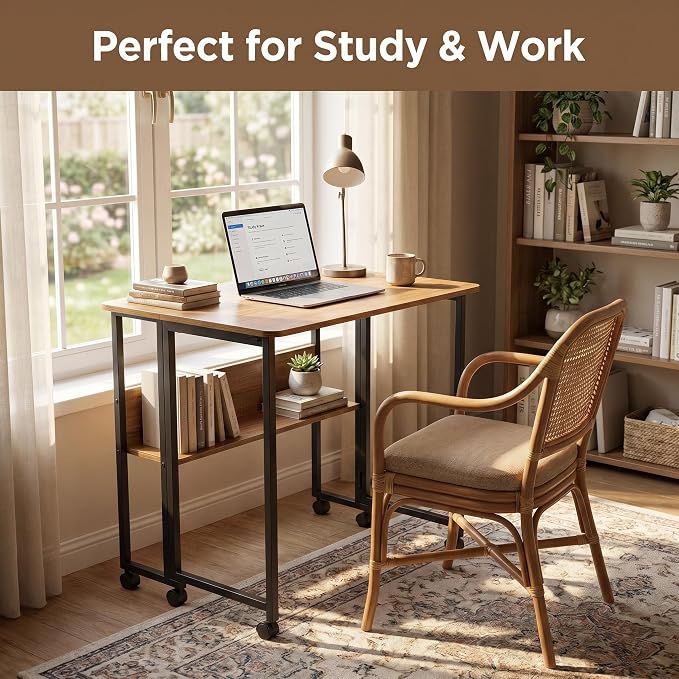 Mobile Foldable Computer Desk with Lockable Wheels & Fixed Foot Pads,Space Saving Folding Writing Gaming Table with Storage Shelf,Laptop Desk for Bedroom Small Apartment Office
