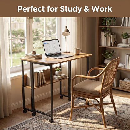Mobile Foldable Computer Desk with Lockable Wheels & Fixed Foot Pads,Space Saving Folding Writing Gaming Table with Storage Shelf,Laptop Desk for Bedroom Small Apartment Office