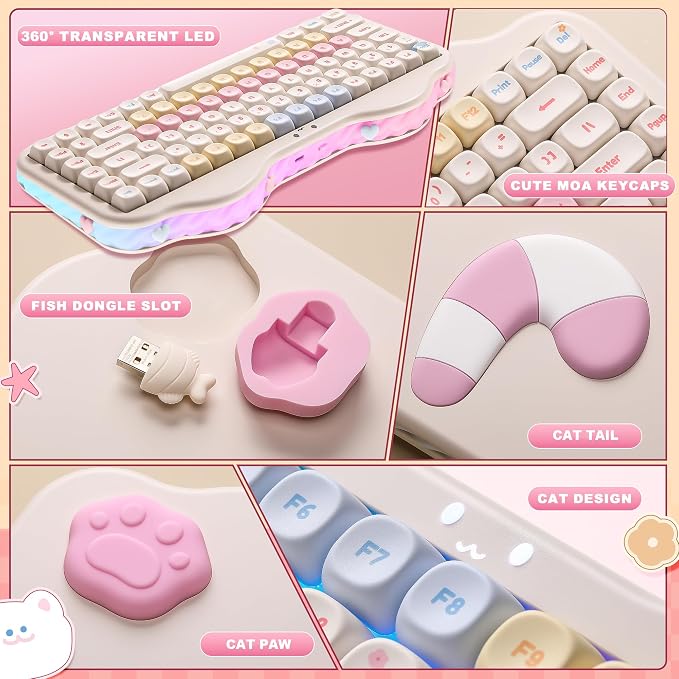 YUNZII C75 Cute 75% Wireless Mechanical Keyboard (Beige, Candy Switch) | Creamy Cake Keyboard, BT5.0/2.4G/USB-C, Hot-Swap, NKRO, PBT MOA Keycaps,5500mAh RGB Gasket Mount for Mac/Win/Gaming/Office