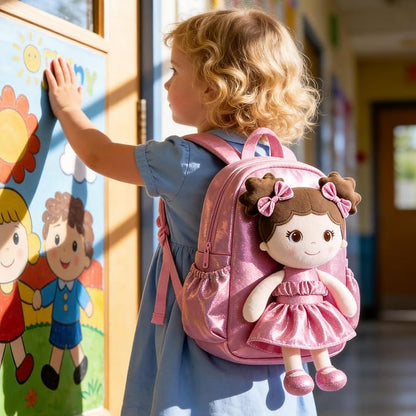 Lazada Toddler Backpack - Baby Girl Gifts Curly Fingerprints Plush Doll Dress Backpack - Fashion Girls Curly Rolled Fingerprints Series - Peach 11 Inches