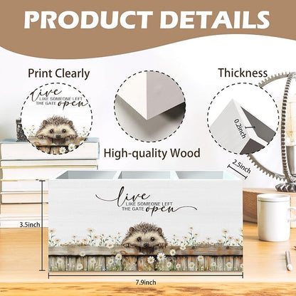DILSJ Hedgehog Inspirational Pen Pencil Holder Organizer For Desk, Hedgehog Gifts, Rustic Floral Live Like Someone Left The Gate Open Wooden Box Signs For Home Office Desk Tabletop Decoration