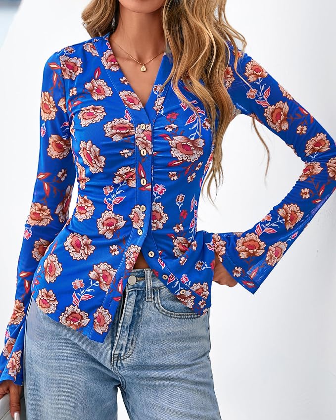 BTFBM Button Down Shirts for Women 2026 Fall Boho Tops V Neck Long Sleeve Blouses Ruched Mesh Fitted Fashion Clothing