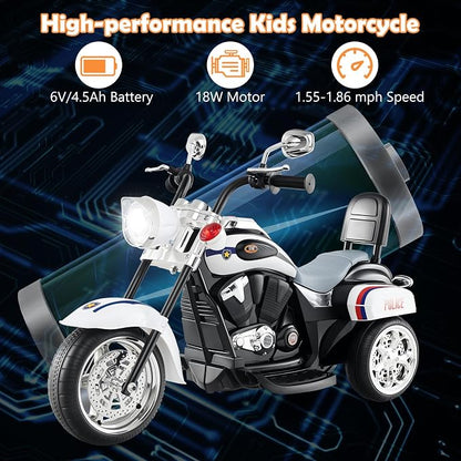 Costzon Kids Motorcycle, 6V Battery Powered Ride on Chopper Motorcycle w/Horn, Headlight, 3-Wheel Stable Ride on Toys, Electric Toddler Motorcycle for Kids, Gift for Boys Girls (Police White)