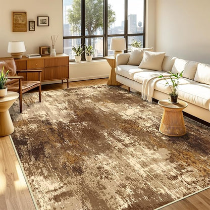 RELEANY Washable Area Rugs 4'x6' Non-Slip Modern Abstract Soft for Living Room Entryway Bedroom Kitchen, Print Pattern, Brown Tan Beige Coffee