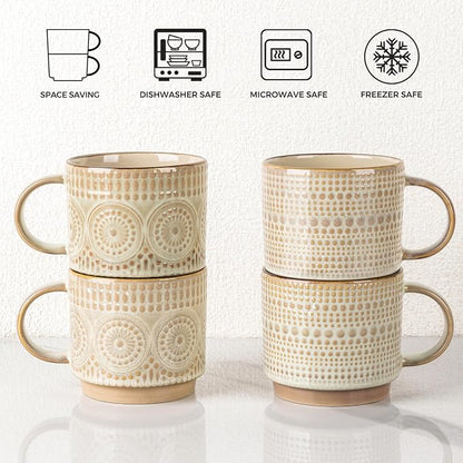 GBhome 12OZ Stackable Coffee Mugs, Ceramic Coffee Mugs with Texture Patterns for Man,Woman,Dad,Mom, Modern Coffee Mugs Set of 4 for Latte/Cappuccino/Cocoa. Dishwasher&Microwave Safe