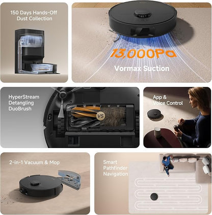 dreame D20 Plus Robot Vacuum and Mop, Detangling DuoBrush for Pet Hair | 13,000Pa Suction, Self-Emptying with 5L Dust Bag, LDS Mapping, App & Voice Control, Ideal for Hard Floors & Carpets