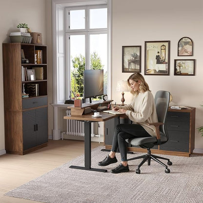 ONBRILL Home Office Furniture Sets, 63'' Standing Desk with 55'' File Cabinet, Electric Height Adjustable Standing Desk with 71'' Tall Modern Bookshelf, Home Office Furniture Set, Walnut