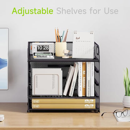 Cawukege 5 Tier Paper Organizer with Handle, Grey Metal Mesh Desk Organizer File Folder Paper Letter Tray Desktop Document Sorter for Classroom, School, Office Accessories Organization and Storage