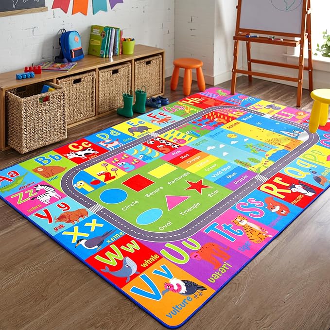 HOMORE Kids Educational Rug, 7x10 Kids Collection Area Rug for Learning Alphabet, Numbers, Colors, Season and Animal Words, Playmat for Classroom Playroom