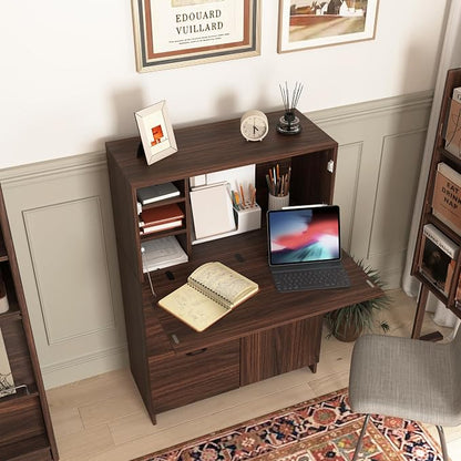 Space-Saving Fold-Up Desktop Desk Cabinet with Storage Drawer, Shelves Desktop - Versatile for Home, Office, Dorm - Compact Design for Small Spaces