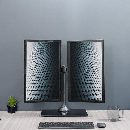 VIVO Freestanding Dual Monitor Stand with Sleek Glass Base and Adjustable Arms, Mounts 2 Screens up to 32 inch and 22 lbs Each, Black, STAND-V002FG | Articulating, Freestanding Adjustable Monitor Arm, Black with Glass Base, Computer Stand for 2 Monitor...
