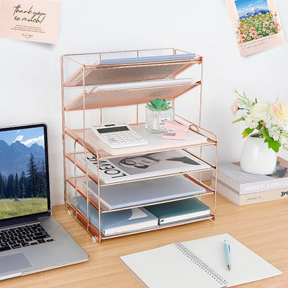 OPNICE Desk Organizers and Accessories, 6-Tier Letter Tray Paper Organizer, Desktop File Organizer, Office Desk Accessories for Office Supplies (Rose Gold)