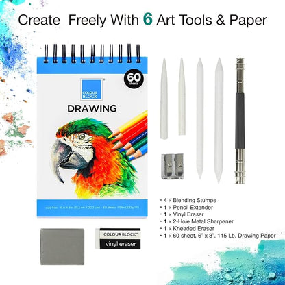 COLOUR BLOCK 40-Piece Drawing Travel Art Set – Portable Sketch and Drawing Art Kit with 16 Colored Pencils, 12 Soft Pastels, 2 Sketching Pencils, 8 Tools, Pad, Zip Case for Beginners, Artists, Adults