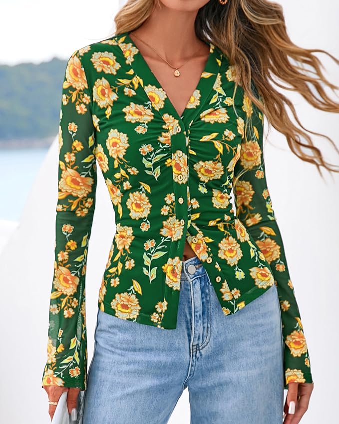 BTFBM Button Down Shirts for Women 2026 Fall Boho Tops V Neck Long Sleeve Blouses Ruched Mesh Fitted Fashion Clothing